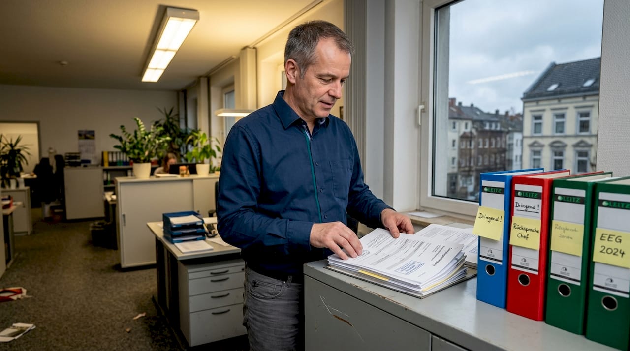 Ein Sachbearbeiter prüft und bearbeitet Anträge für Energiegenehmigungen.
