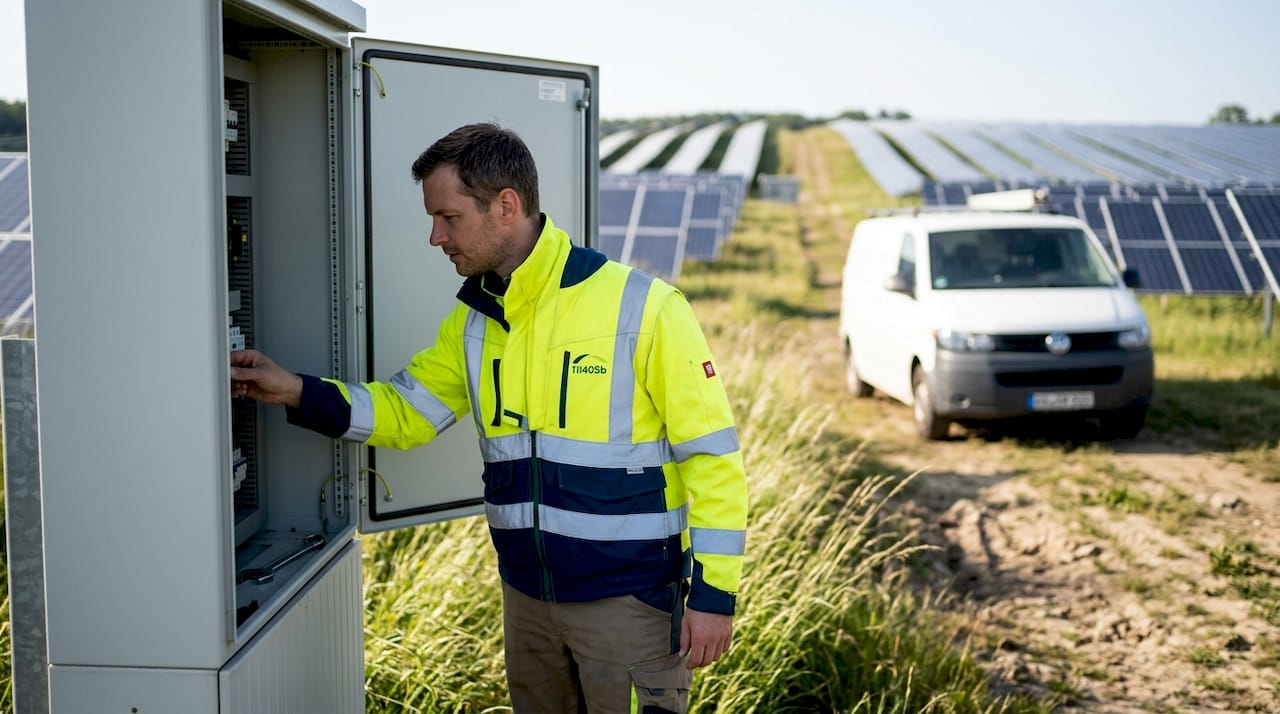 Ein Ingenieur nimmt die technische Anlage im Solarpark genau unter die Lupe.