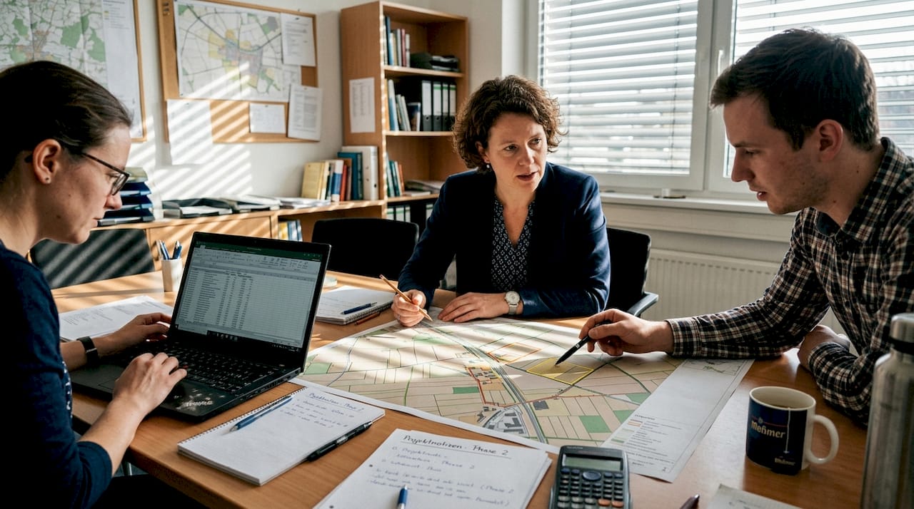 Ein Expertenteam prüft mithilfe von GIS-Karten, welche Flächen sich für eine Solaranlage eignen.