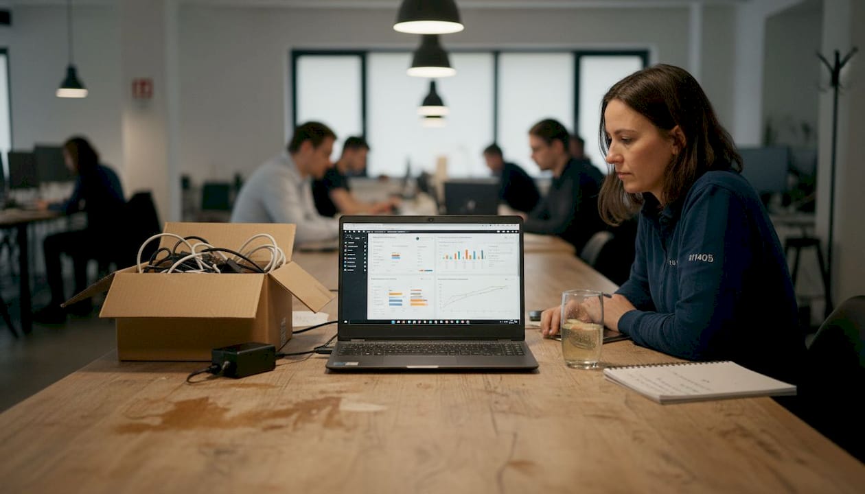 Eine Frau arbeitet am Laptop und nutzt verschiedene Energie-Tools.