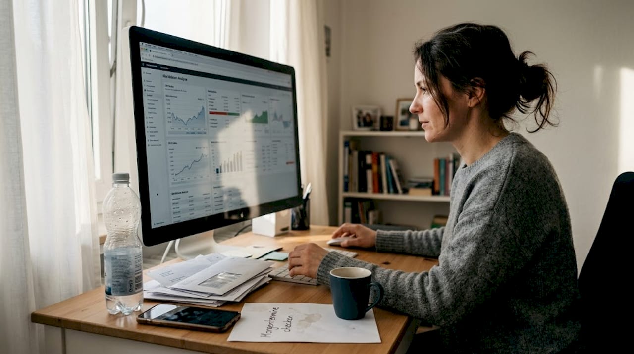 Eine Frau wertet am Schreibtisch in ihrem Homeoffice aktuelle Marktdaten aus.