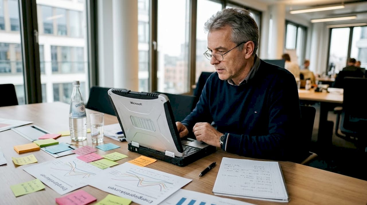 Ein Manager prüft die Planungsdaten für ein Energieprojekt.