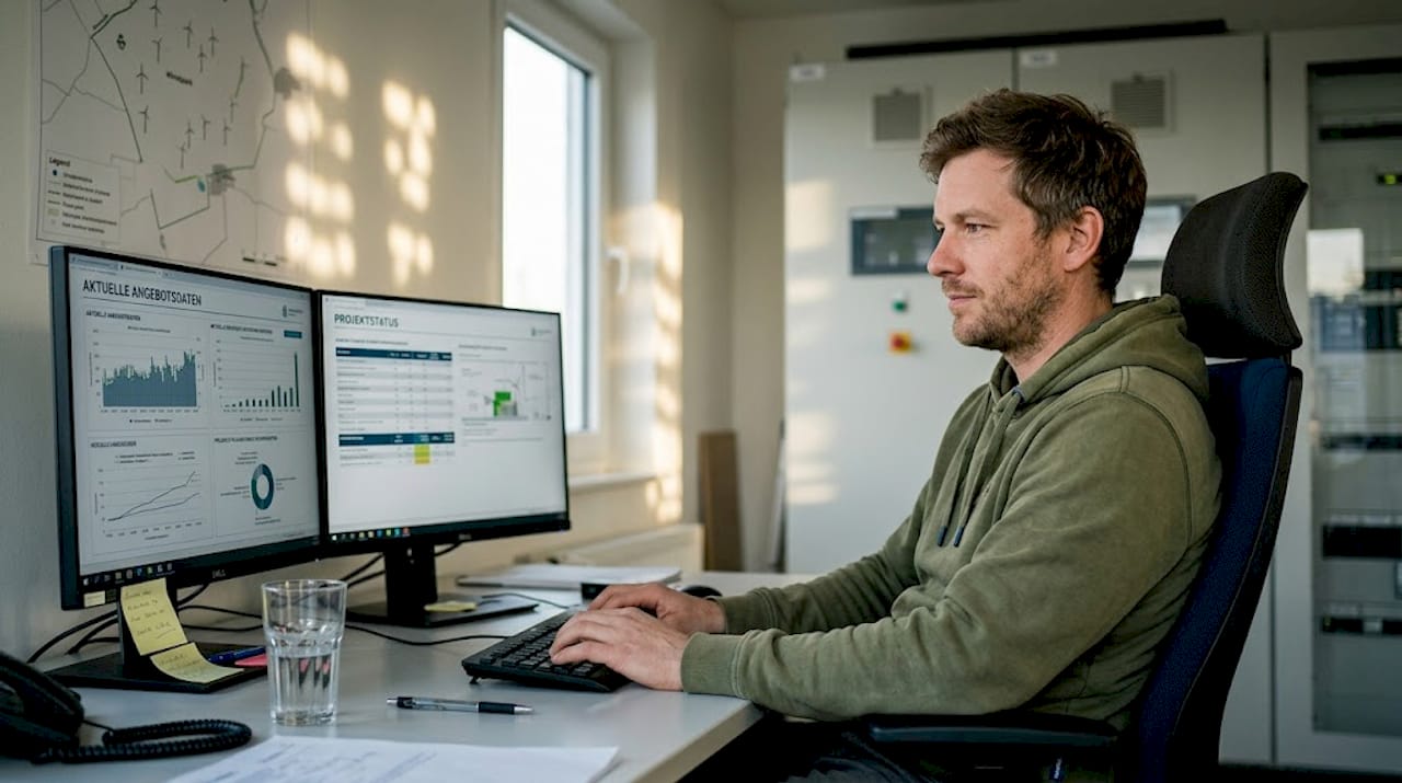 Im Leitstand überprüft ein Techniker die Daten aus der Ausschreibung.