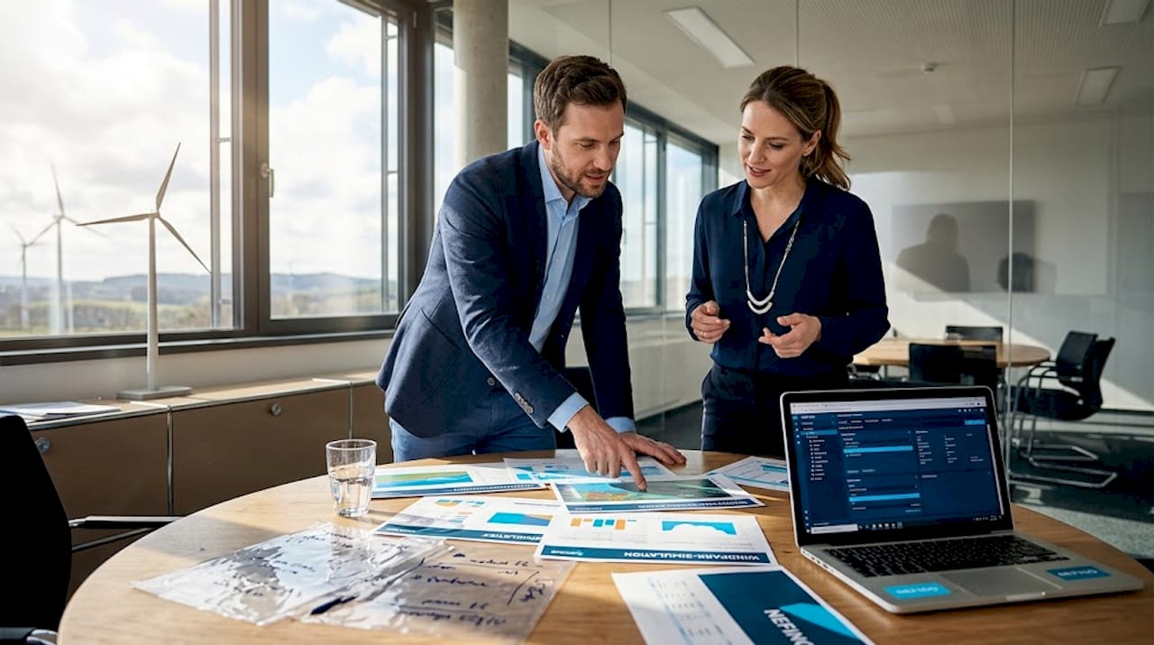 Eine Gruppe von Fachleuten bespricht gemeinsam am Konferenztisch die Simulation eines Windparks.