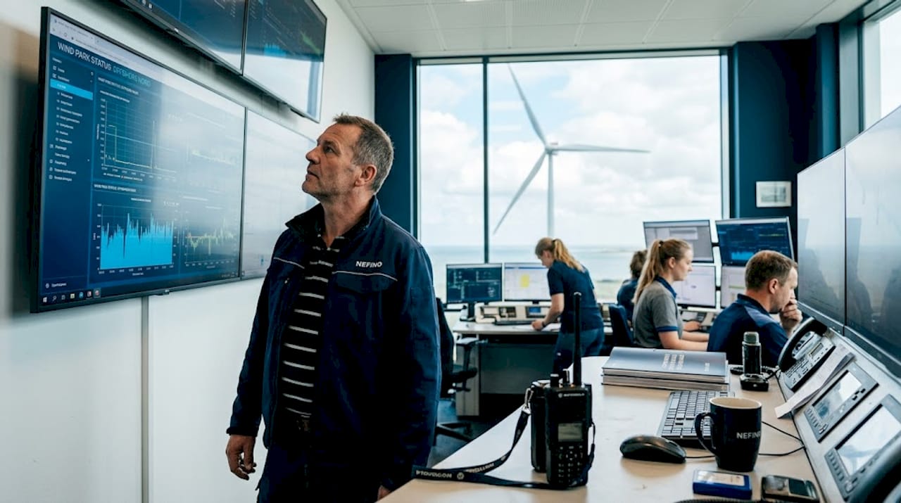 Ein Techniker überwacht im Kontrollraum eines Windparks die aktuellen Energiedaten.