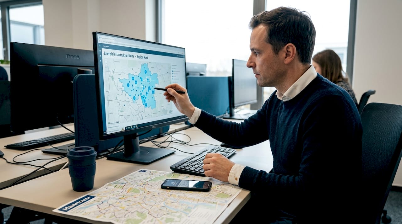 Eine Mitarbeiterin arbeitet am Schreibtisch mit einem Geoinformationssystem.