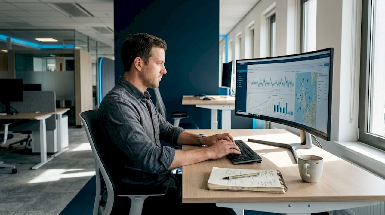 Ein Fachmann wertet am Schreibtisch die Daten eines Windparks aus.
