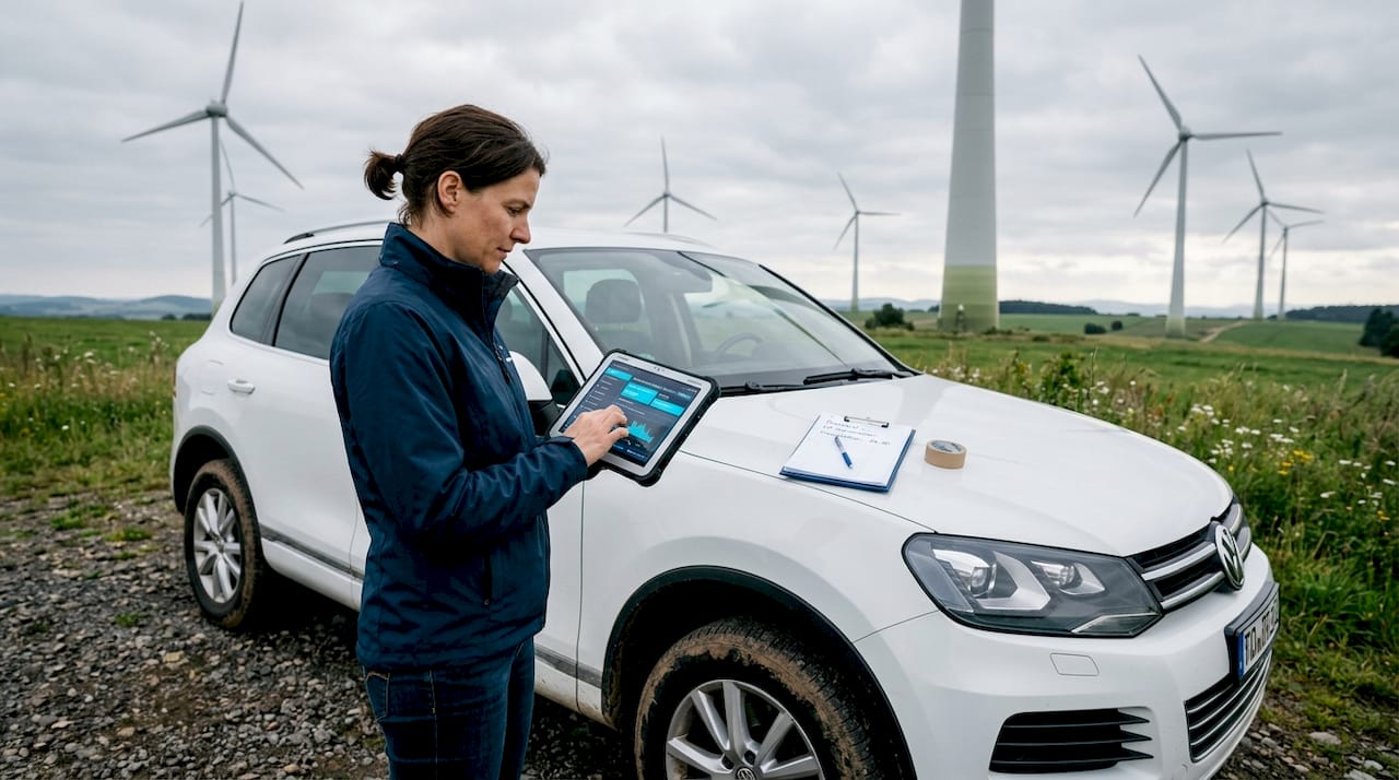 Ein Ingenieur prüft die Standortdaten für einen geplanten Windpark.