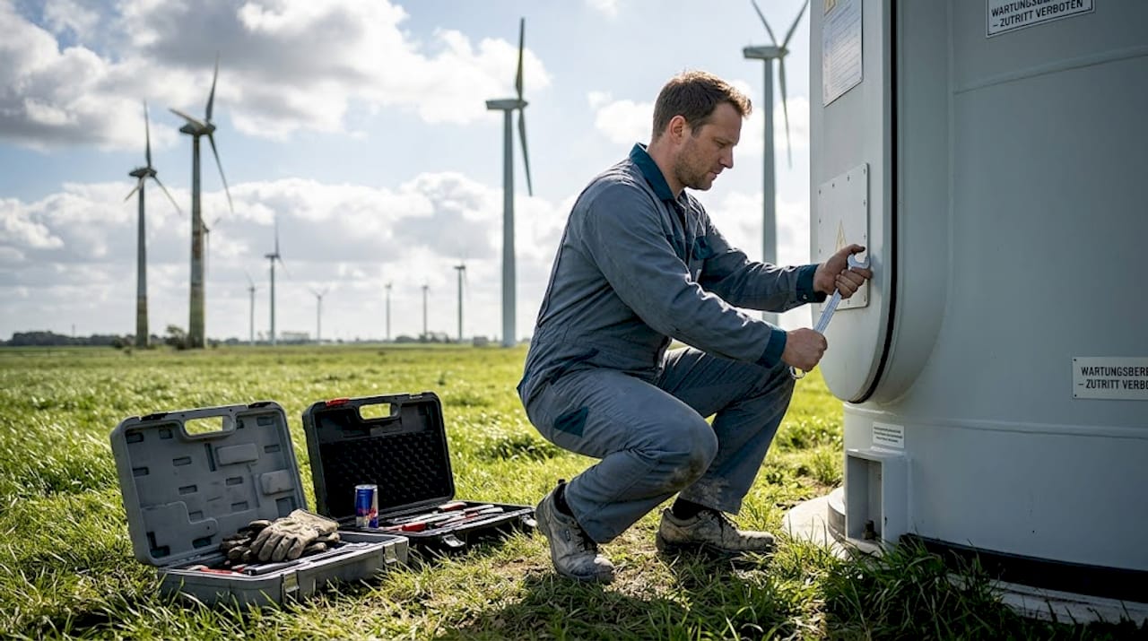 Ein Servicetechniker führt den Austausch von Bauteilen an einer Windkraftanlage durch.