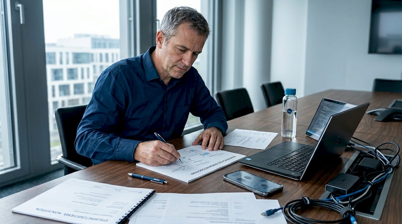 Ein Ingenieur skizziert das Stromnetz auf einem Blatt Papier.