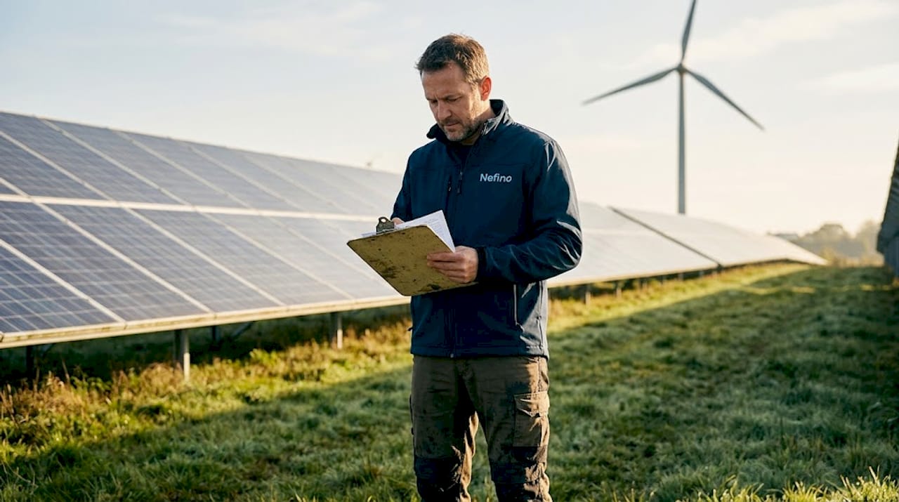 Ein Ingenieur dokumentiert Projektdaten direkt bei den Solarpanels und der Windturbine.