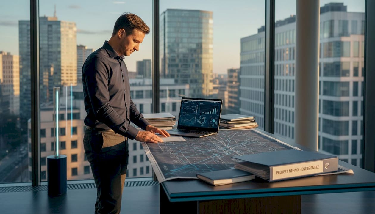 Der Projektleiter wirft im Büro einen prüfenden Blick auf die Netzkarte.