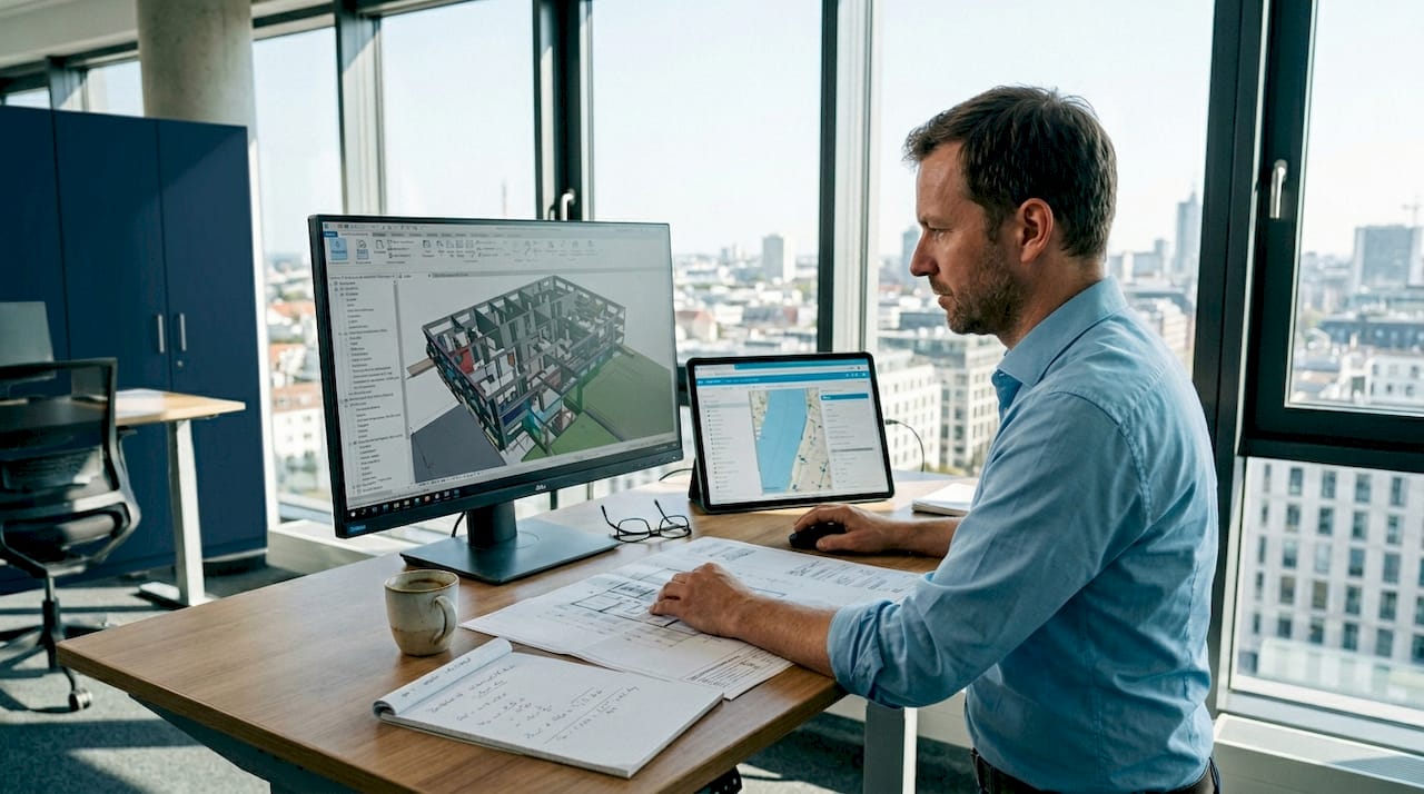 Ein Ingenieur prüft die Übereinstimmung zwischen BIM-Modell und GIS-Koordinaten.