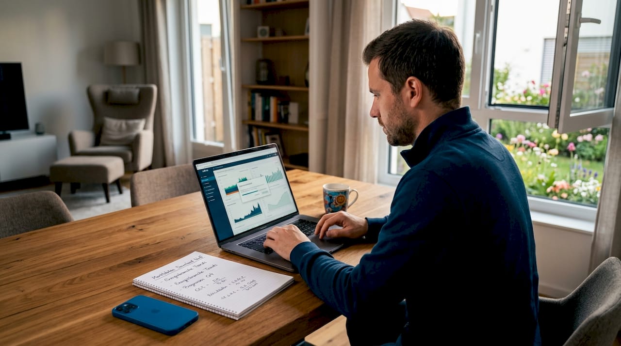 Am Küchentisch sitzt ein Analyst und lädt aktuelle Marktdaten auf seinen Laptop herunter.