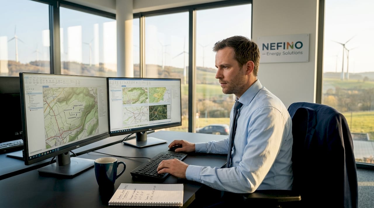 Ein GIS-Experte analysiert geografische Daten zur Windenergienutzung.