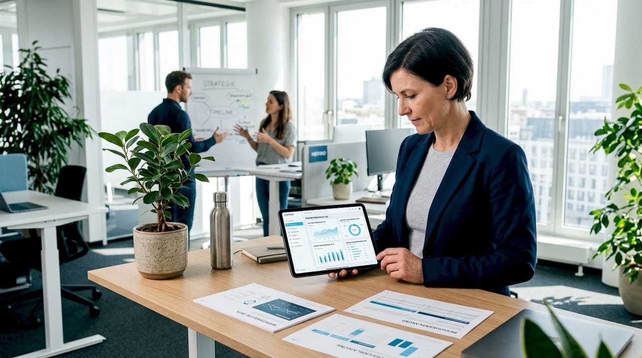 Projektmanagerin analysiert Kennzahlen direkt auf dem Tablet