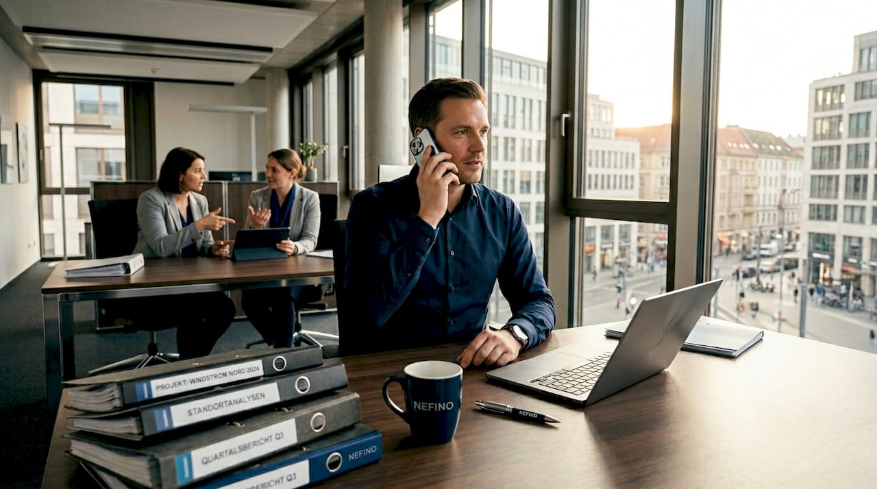 Ein Projektmanager führt ein Telefonat mitten im Trubel eines gut besetzten Großraumbüros.