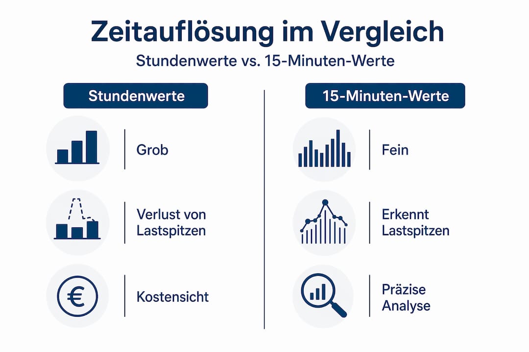 Die Infografik zeigt den Unterschied zwischen Stundenwerten und Viertelstundenwerten auf einen Blick.
