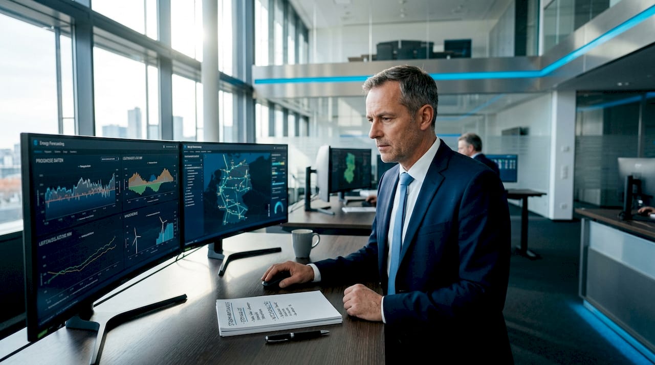 Im Kontrollzentrum prüft der Netzmanager aktuelle Energieprognosen und bewertet deren Auswirkungen auf das Stromnetz.