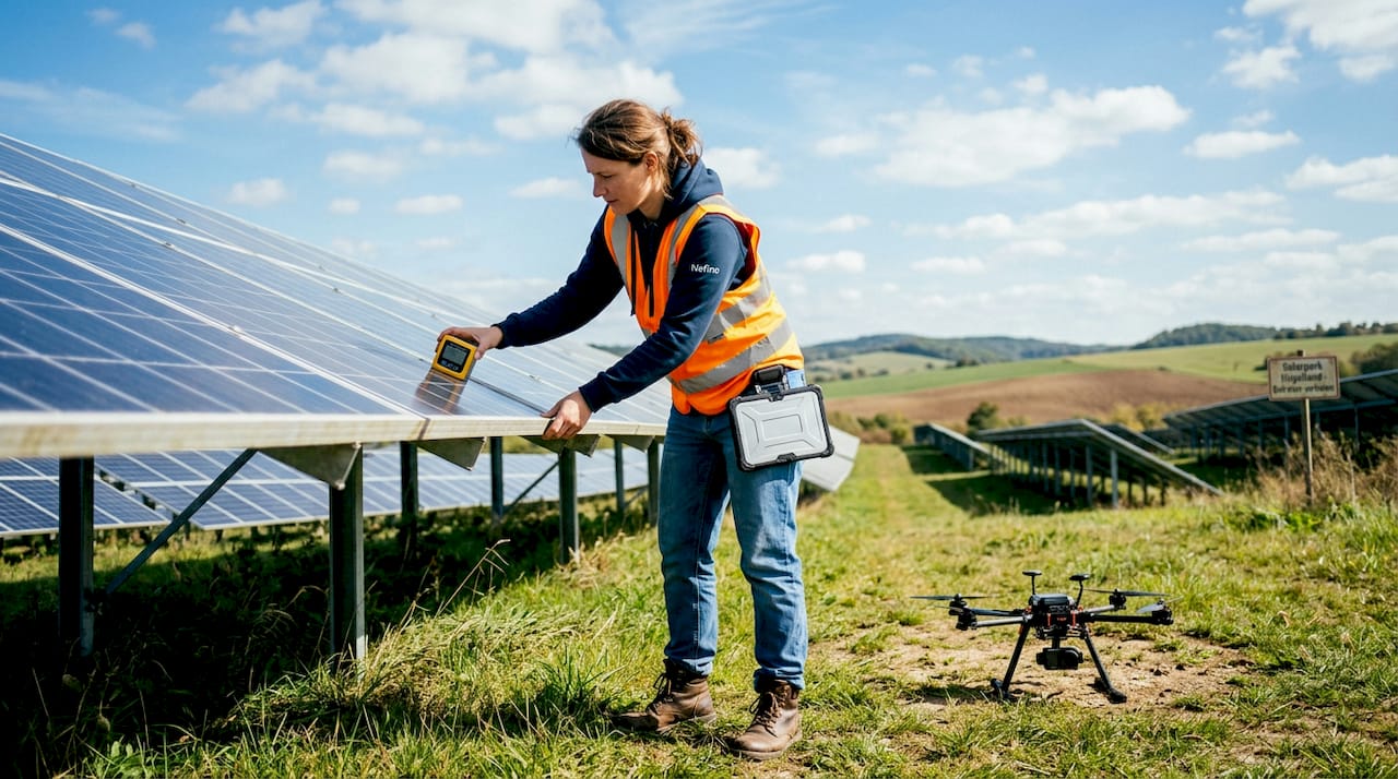 Ein Ingenieur prüft vor Ort den optimalen Neigungswinkel für die Installation von Solaranlagen.