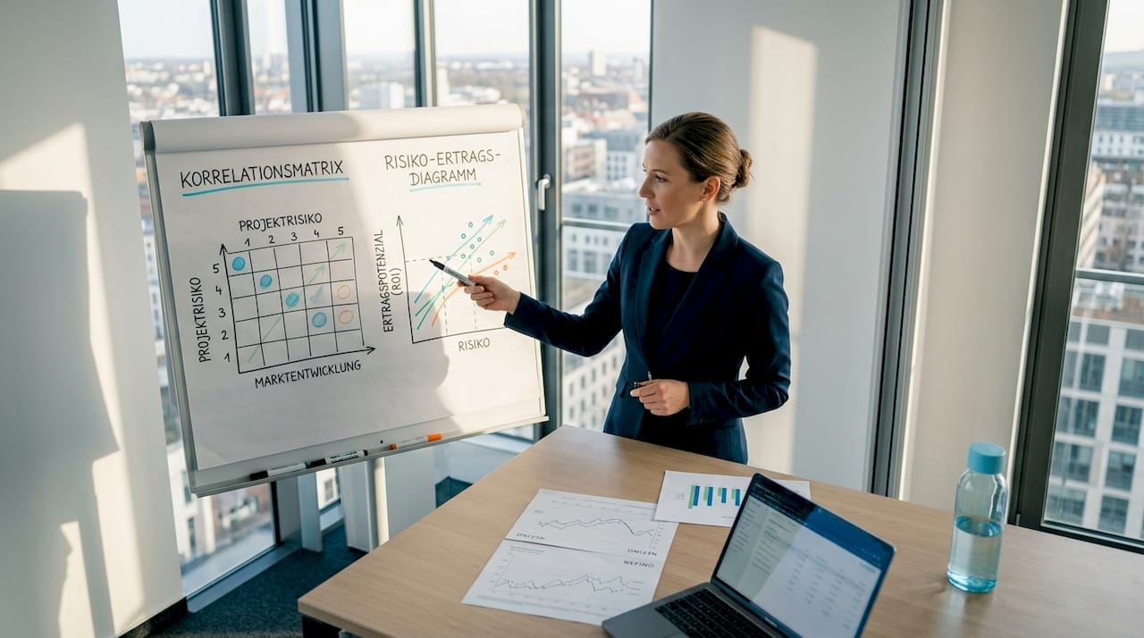 Eine Geschäftsfrau erläutert die Portfoliotheorie anschaulich an einem Whiteboard.