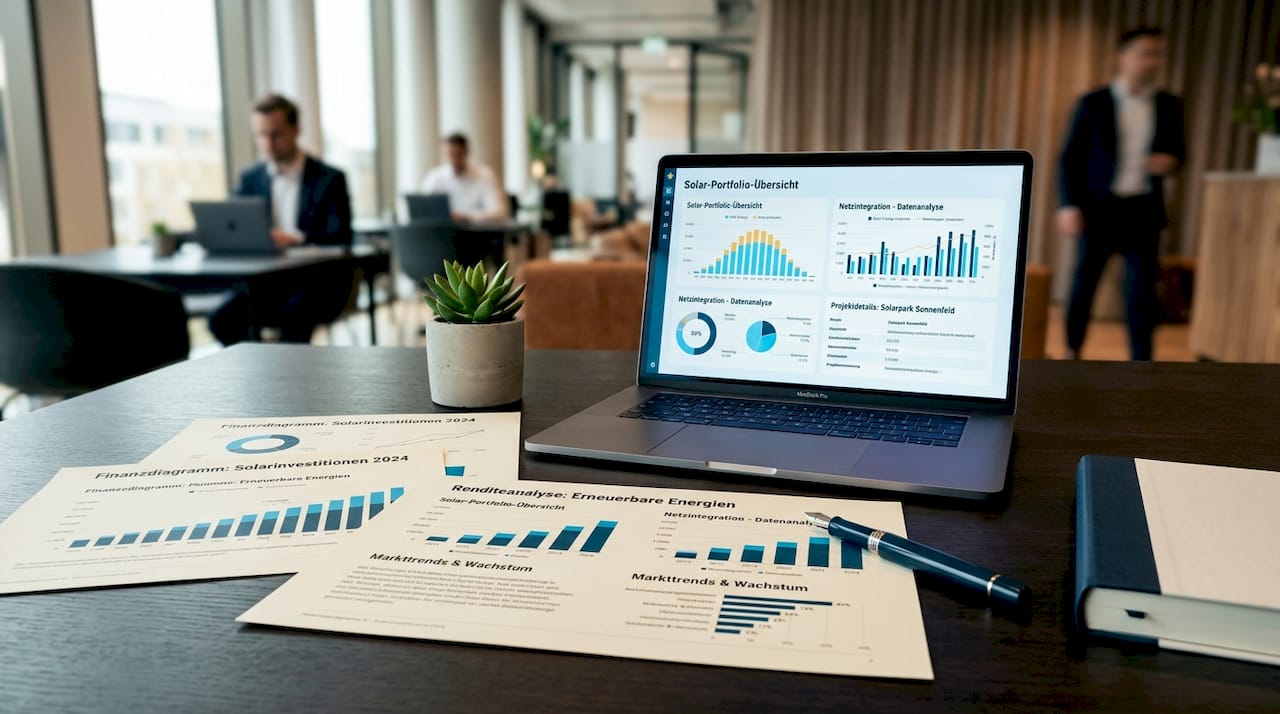 Auf dem Schreibtisch im Büro liegen ein Laptop und verschiedene Finanzdiagramme bereit.