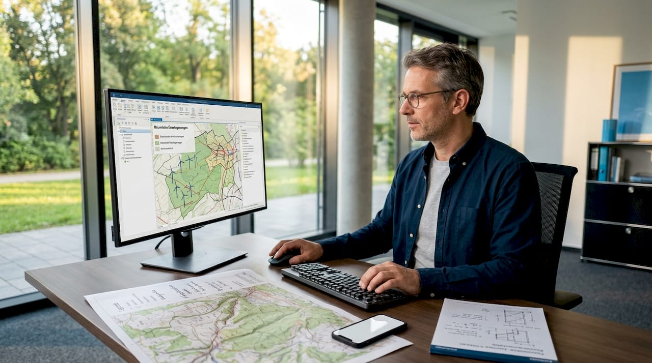 Ein GIS-Experte arbeitet mit spezieller Software zur Analyse von Geodaten.