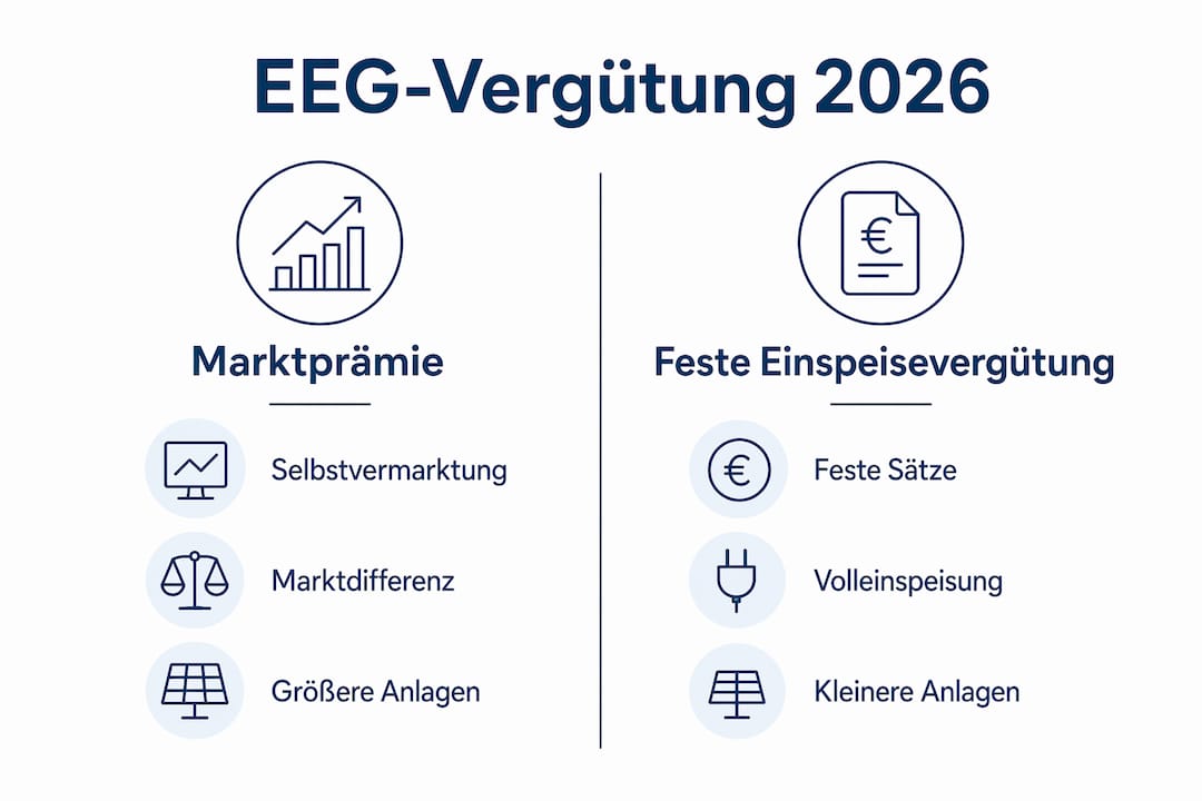 Die Infografik veranschaulicht die Unterschiede zwischen Marktprämie und fester Einspeisevergütung.