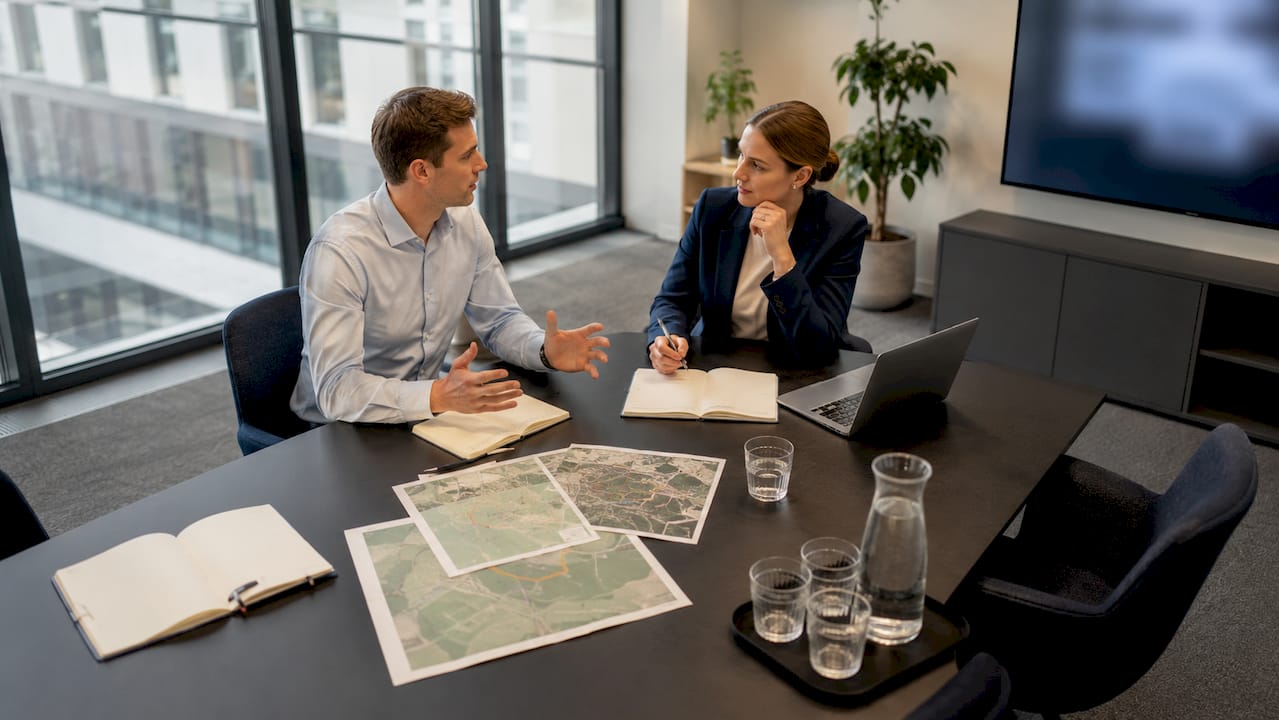 Ein Team diskutiert gemeinsam am Konferenztisch über GIS-Daten.
