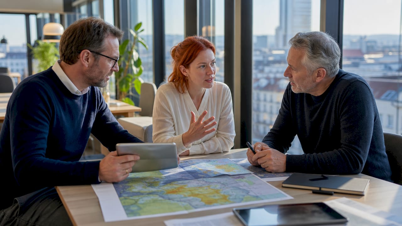Das Team tauscht sich intensiv über die Analyse erneuerbarer Energien mithilfe von GIS aus.