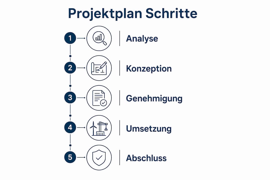 Die Infografik veranschaulicht die einzelnen Phasen eines Energieprojekts auf einen Blick.