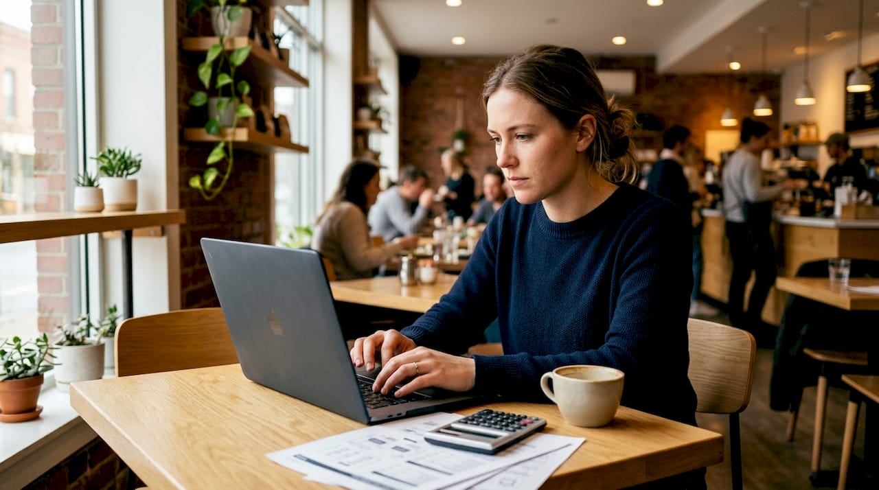 Ein Techniker überprüft seinen Laptop mit Blick auf das Solarfeld.