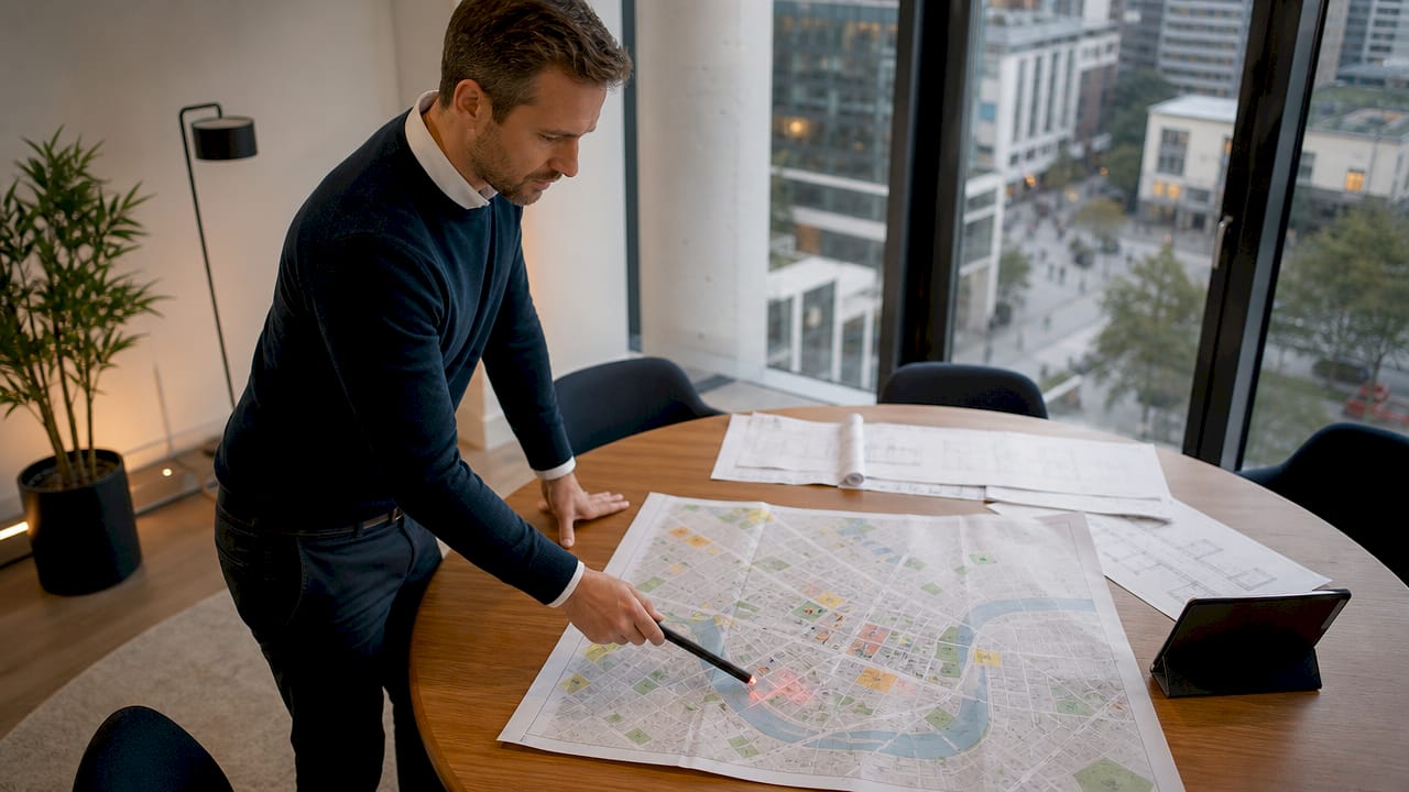 Ein Stadtplaner präsentiert die aktuellen Bebauungspläne direkt auf der Karte.