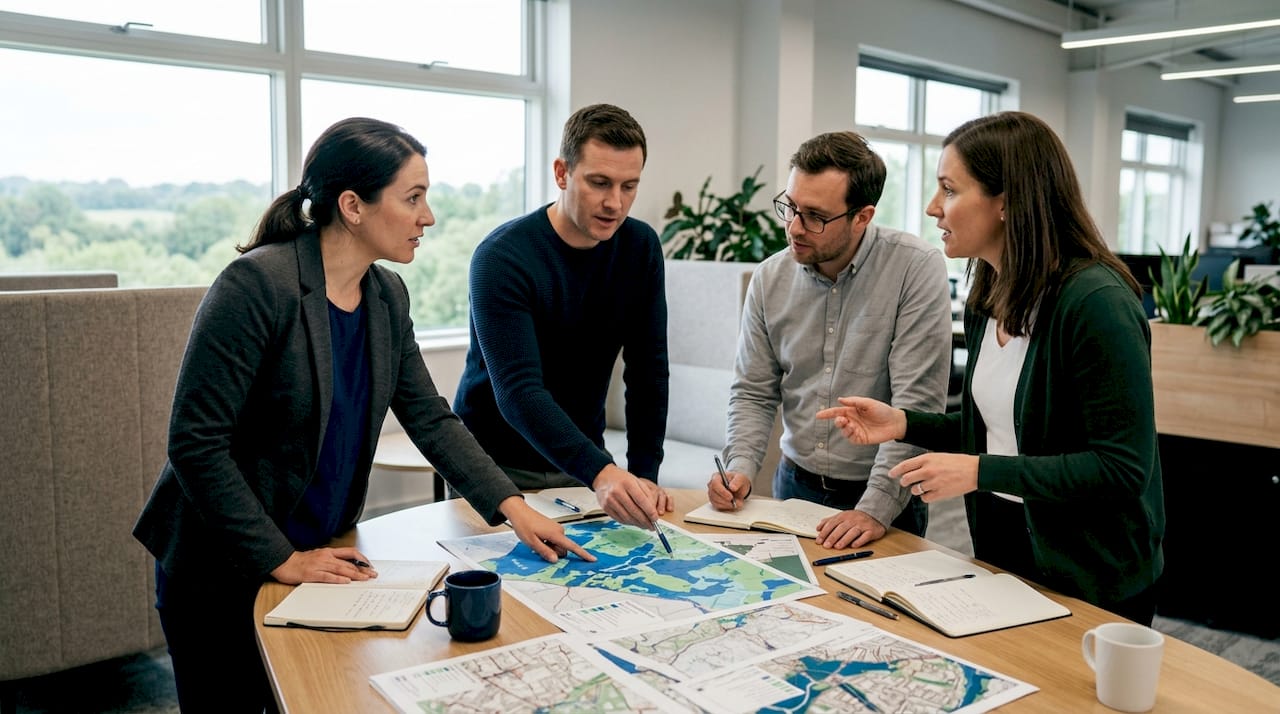 Ein Team bespricht im Besprechungsraum gemeinsam die Gefahrenkarten für Starkregenereignisse.