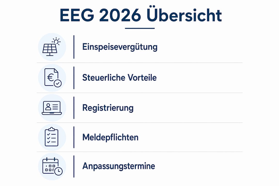 Übersichtsgrafik: Die wichtigsten Neuerungen und Fakten zum EEG 2026 auf einen Blick