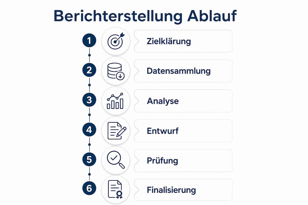 Die Infografik veranschaulicht den Ablauf des Berichterstattungsprozesses in sechs klaren Schritten.
