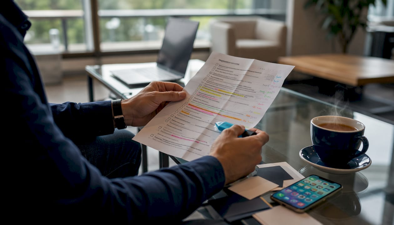 Ein Mitarbeiter prüft am Schreibtisch eine Checkliste zur Standortbewertung und hakt einzelne Punkte ab.