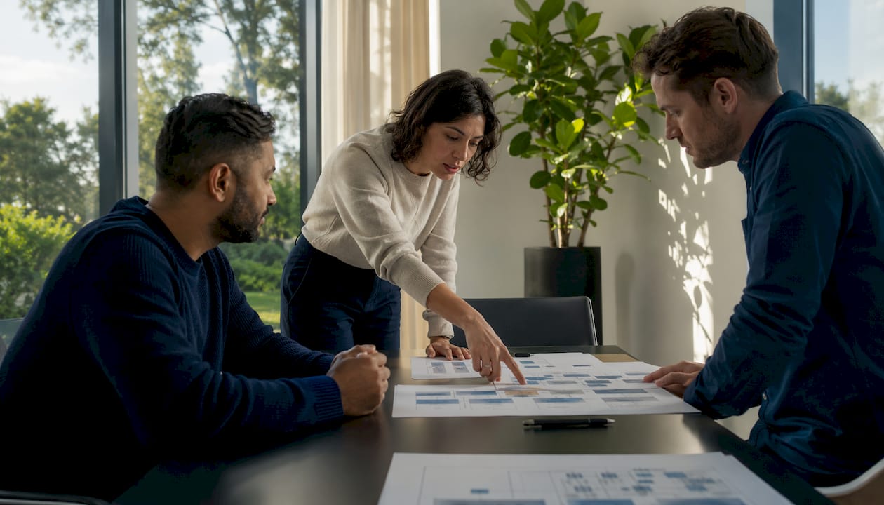 Im Meeting bespricht das Team den Ablauf zur Bewertung von Standorten.