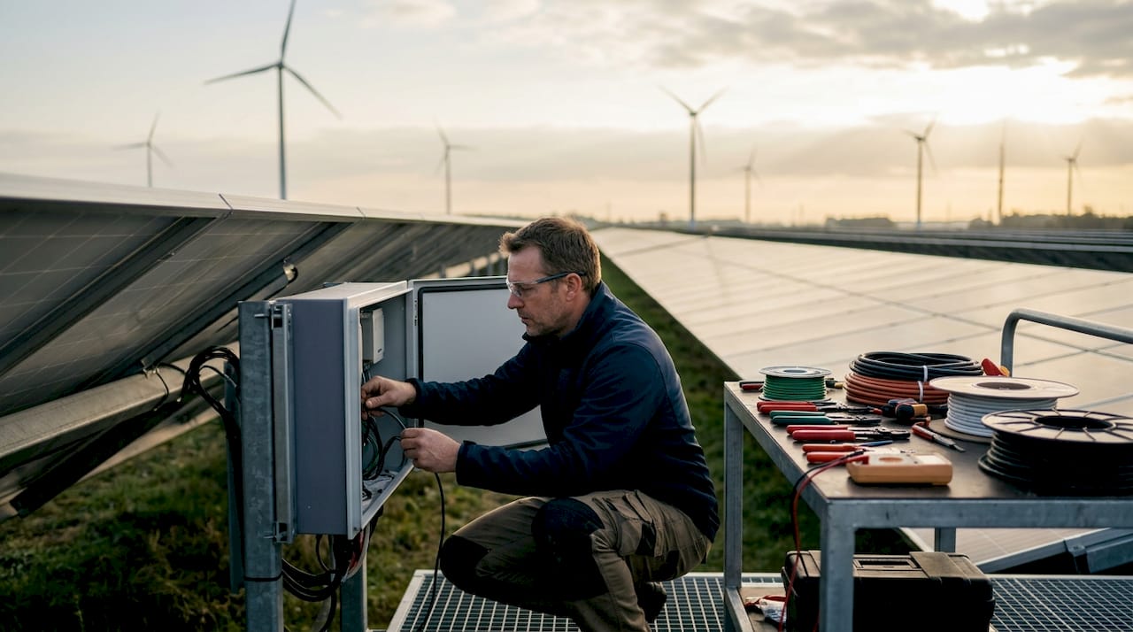 Ein Techniker nimmt die Feinabstimmung am Wechselrichter eines Hybridkraftwerks vor.
