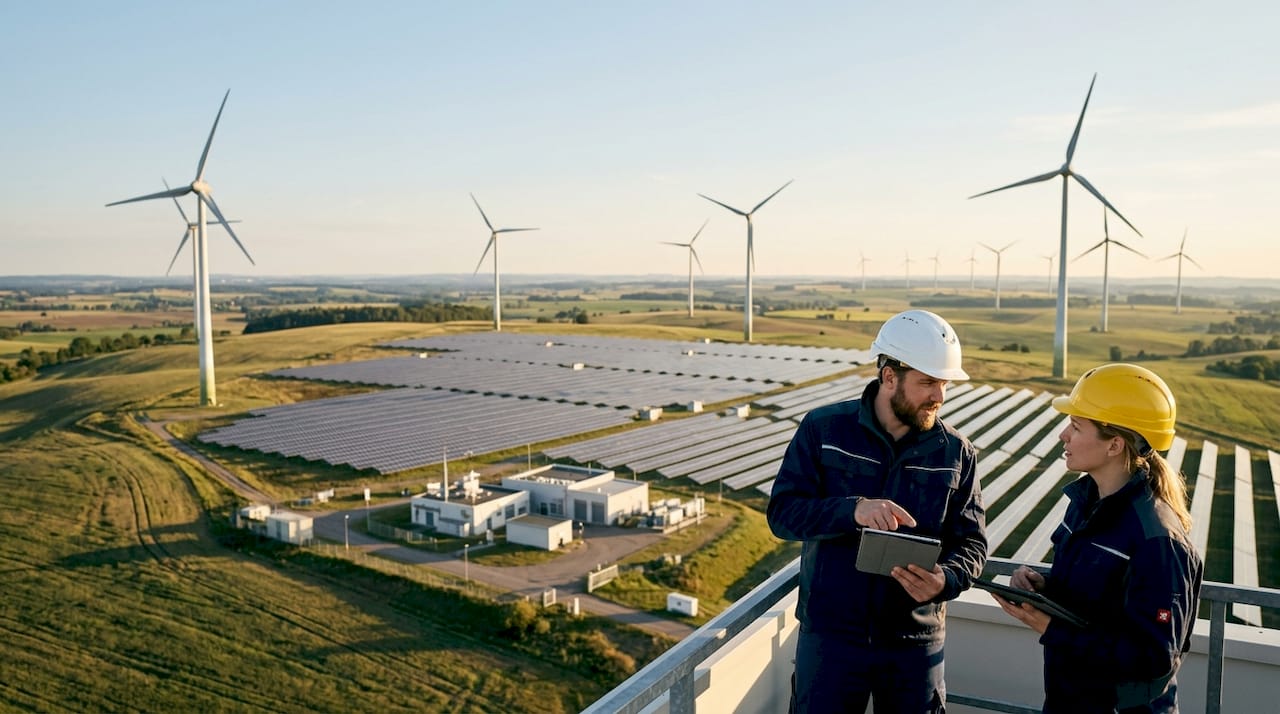 Techniker bei der Arbeit am Hybridkraftwerk Prenzlau im Außeneinsatz