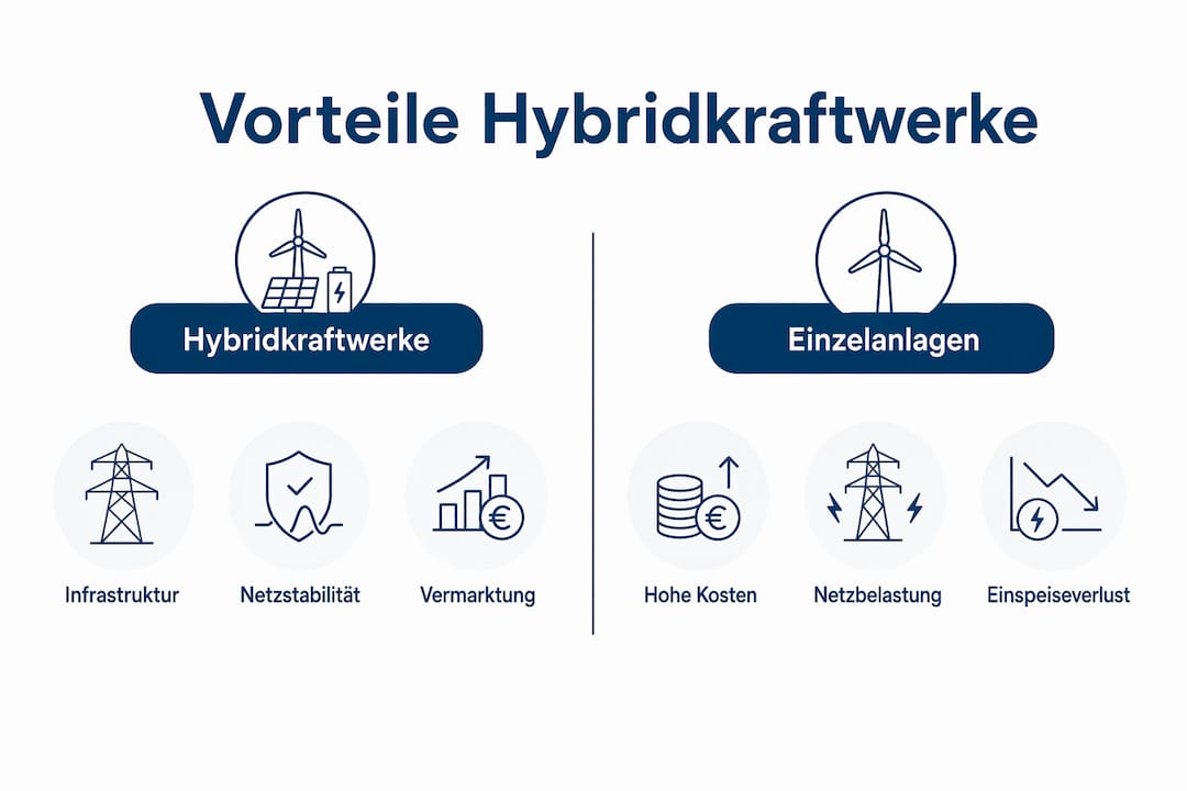 Infografik: Die Vorteile von Hybridkraftwerken im Vergleich zu Einzelanlagen