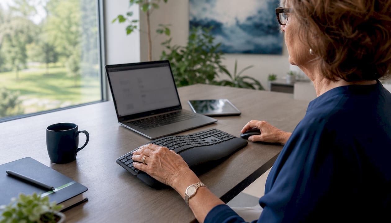 Detailaufnahme von Händen, die Geodaten am Computer bearbeiten