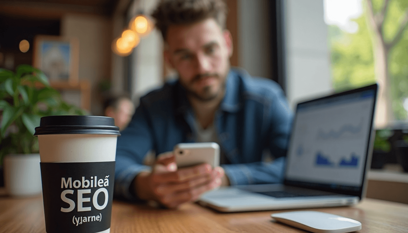 Professional reviews mobile SEO data at café with branded coffee cup in foreground