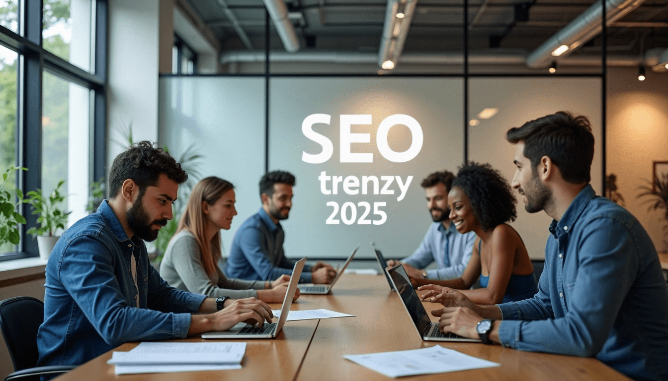 Diverse marketing team collaborating at sunlit office table with SEO banner in background