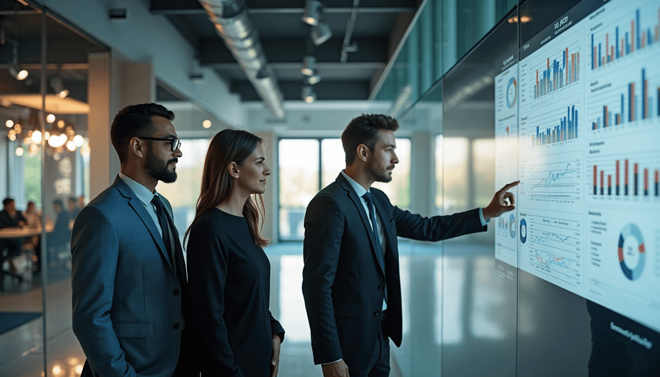Team collaboratively reviewing branding and SEO data in a modern office.
