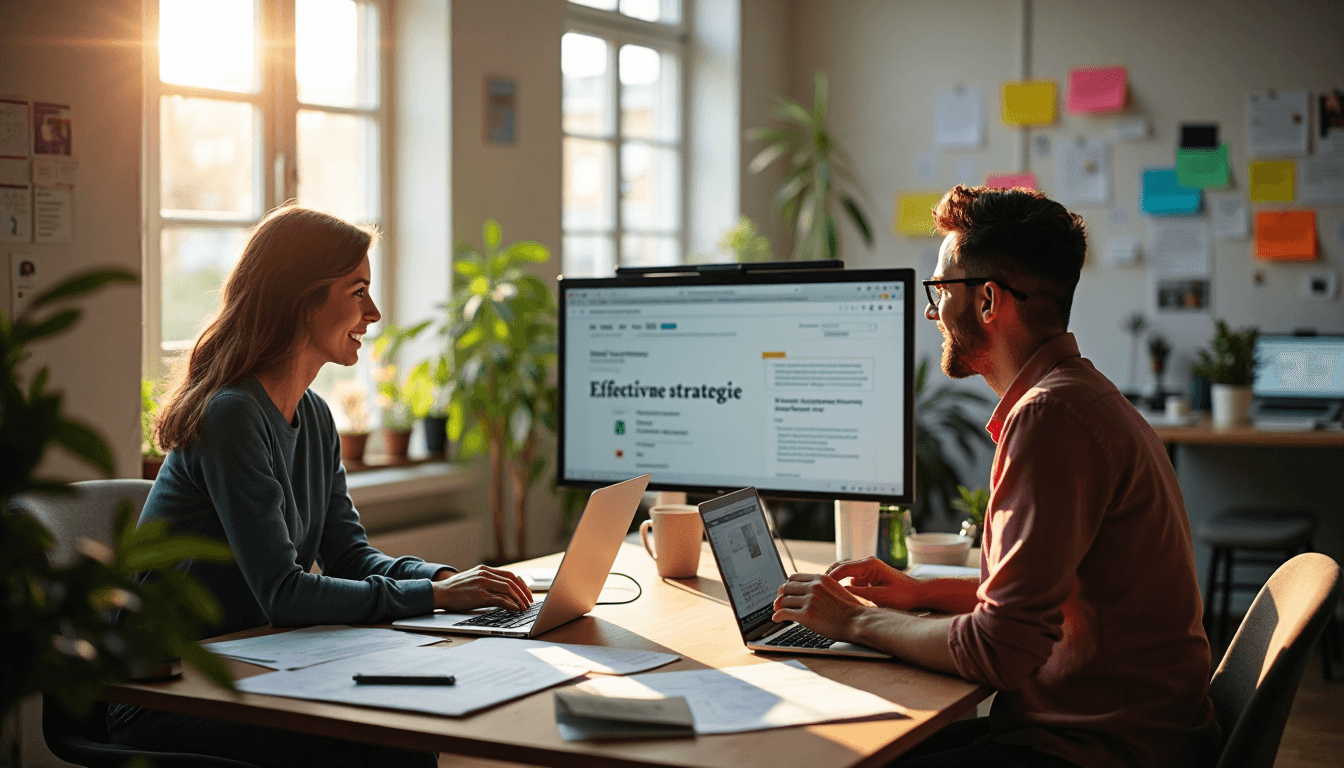 Creative team discussing effective branding and SEO strategy at bright desk.