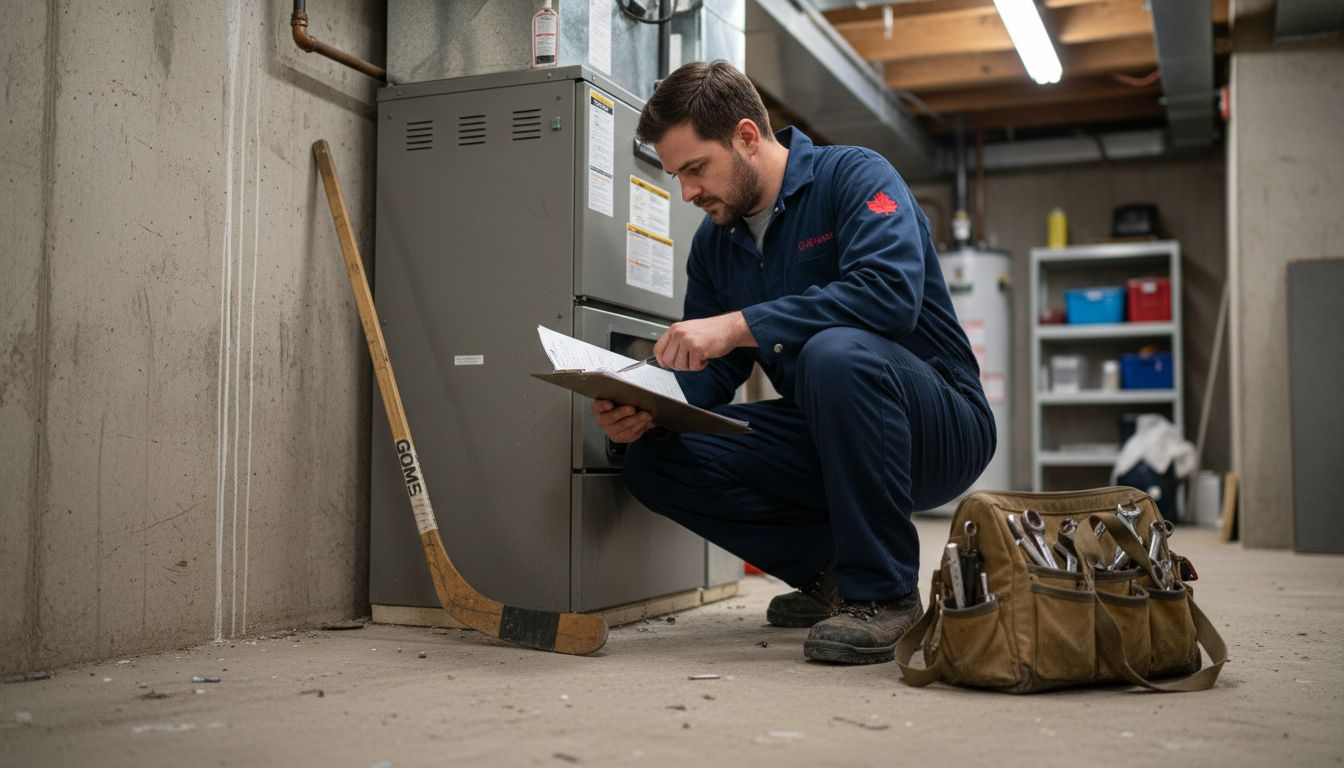 Technician inspecting furnace in Ontario basement