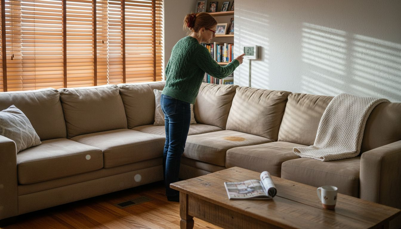 Woman setting thermostat in family living room