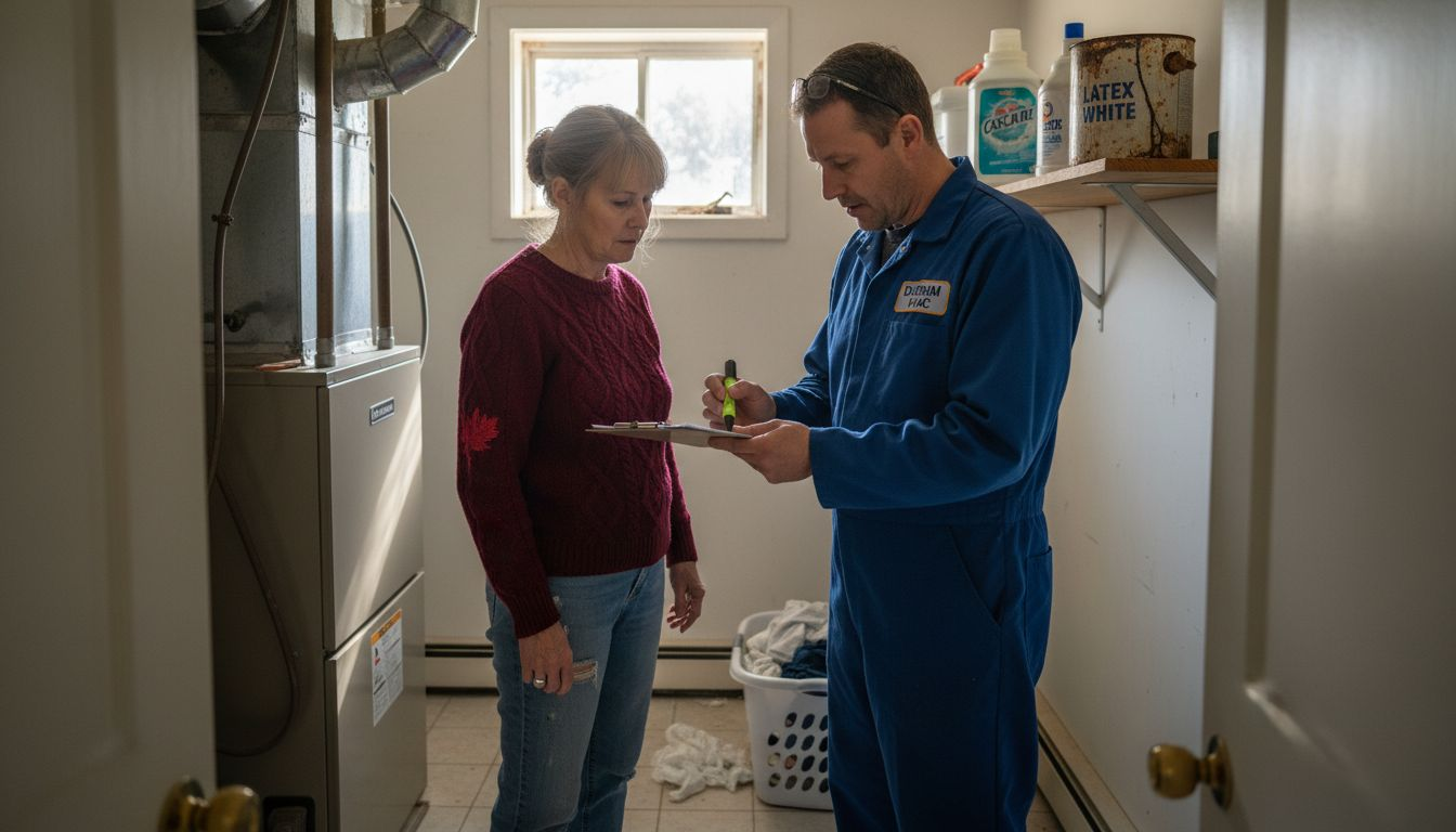 Homeowner with technician during furnace check