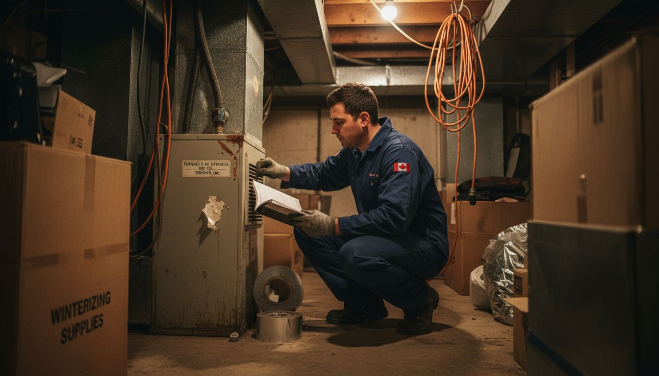 Technician servicing central air in basement